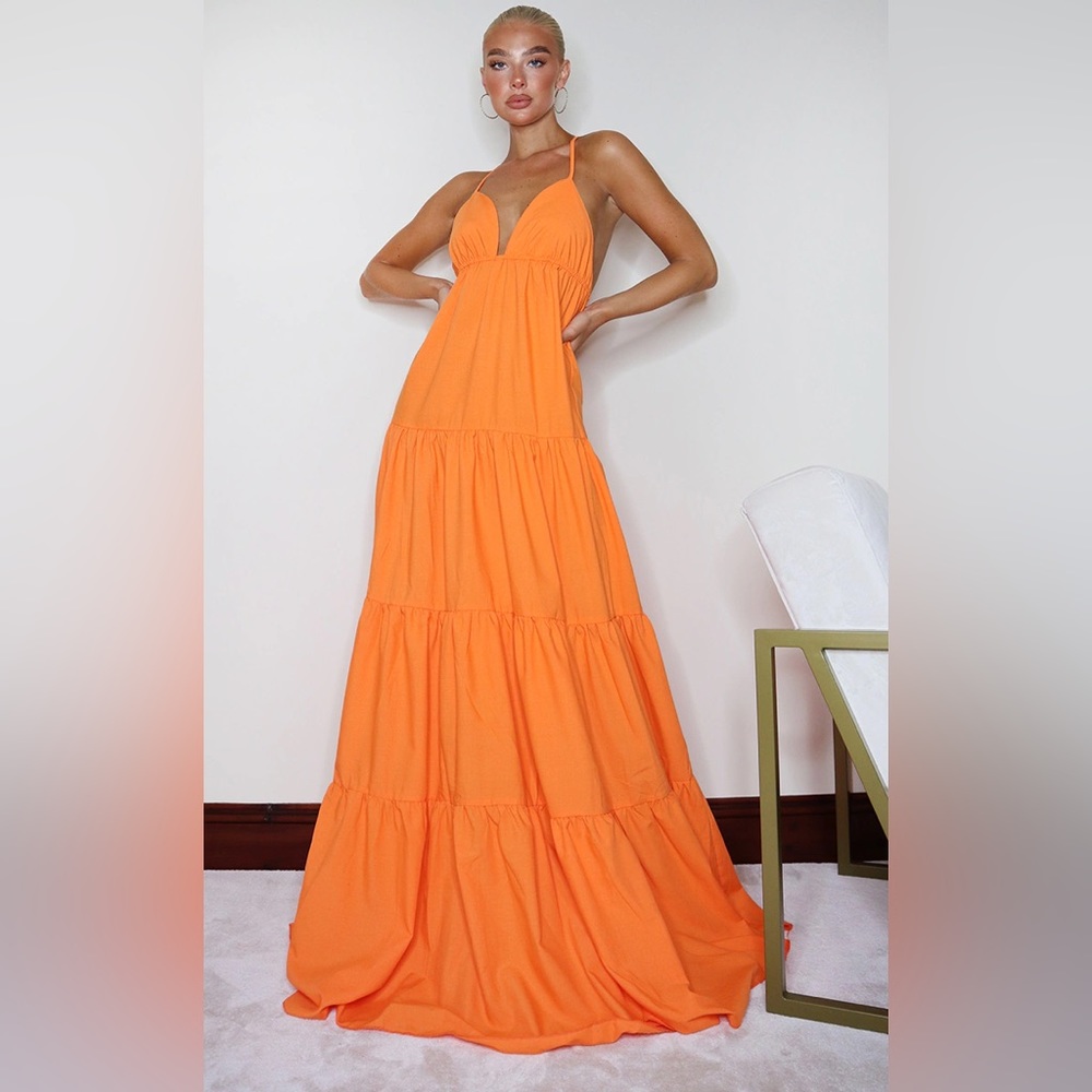 Orange Woven Tiered Smock Maxi Dress